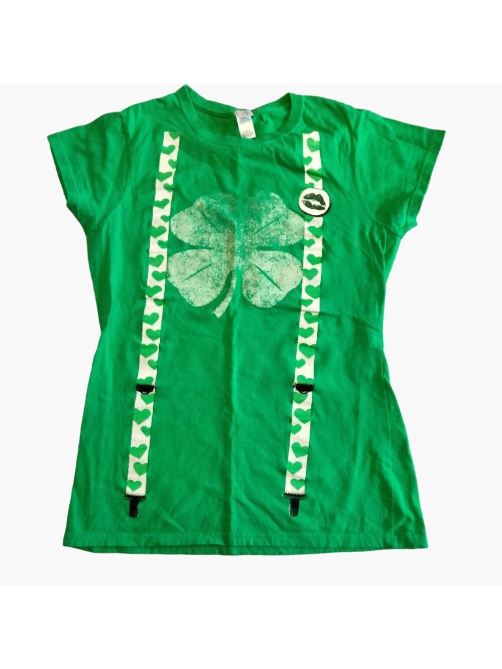 St Patricks Day Tee Shirt Womens Small Green Irish Shamrock Heart Suspender